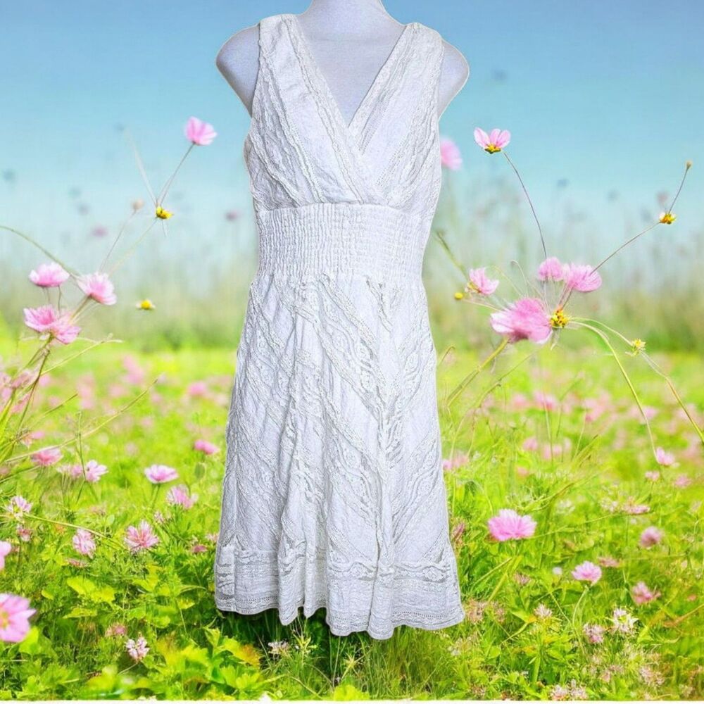 Chris Mclaughlin Ivory/White Lined Lace V-Neck Sundress Size 8